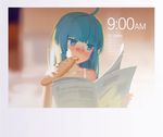 ahoge bandaid bandaid_on_nose blue_eyes blue_hair bread eating food hjl long_hair newspaper open_mouth original sketch solo time 