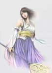 brown_hair detached_sleeves final_fantasy final_fantasy_x hakama highres holding holding_wand japanese_clothes jewelry lips necklace purple_hakama short_hair solo takujyoruno wand yuna_(ff10) 