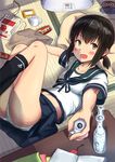  black_hair bottle commentary_request famicom fubuki_(kantai_collection) game_console green_eyes highres ichikawa_feesu kantai_collection lying mosquito_coil on_back panties pantyshot ponytail ramune school_uniform serafuku solo tatami underwear 