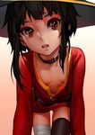  as109 ass_visible_through_thighs bandages belt black_hair black_legwear blush breasts collar collarbone commentary downblouse dress extended_downblouse hat highres kono_subarashii_sekai_ni_shukufuku_wo! lips looking_at_viewer megumin no_bra open_mouth red_eyes revision short_hair single_thighhigh small_breasts solo thighhighs witch_hat 