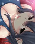  black_hair brasowa breasts brown_eyes cleavage dated from_above highres kantai_collection looking_up medium_breasts one-piece_swimsuit open_mouth polka_dot polka_dot_swimsuit shadow smile solo swimsuit twitter_username ushio_(kantai_collection) 