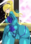  1girl artist_name ass ass_grab blonde_hair blue_eyes blush breasts cameltoe from_behind huge_ass looking_at_viewer looking_back metroid ponytail samus_aran solo spread web_address zero_suit 