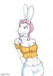  anthro belly big_breasts blouse breasts clothed clothing female fur hair ink invalid_tag koshkio lagomorph mammal navel pink_hair rabbit red_eyes ribbons short_hair simple_background skirt solo spots standing stomach united_states_of_america whiskers white_fur 