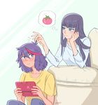  artist_name black_hair blue_eyes blush couch eyebrows handheld_game_console herokick highres holding_handheld_game_console kill_la_kill kiryuuin_satsuki long_hair long_sleeves matoi_ryuuko messy_hair multicolored_hair multiple_girls nintendo_ds pants playing_games protected_link scar shirt short_hair smile streaked_hair sweatpants thick_eyebrows thought_bubble tomato yellow_shirt 