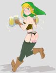  1girl ass beer black_thong blonde_hair blue_eyes boots bra breasts clenched_teeth from_behind garter_belt garter_straps gloves hat hyrule_warriors linkle looking_at_viewer looking_back nipples panties pointy_ears puffy_nipples side_boob simple_background solo the_legend_of_zelda thighhighs thong triforce twin_braids zelda_musou 