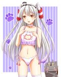  :o alternate_costume amatsukaze_(kantai_collection) ass_visible_through_thighs bangs bell bell_choker blush blush_stickers bra breasts brown_eyes cat_cutout cat_ear_panties cat_lingerie cat_paws choker cleavage cleavage_cutout clenched_hand collarbone colored_stripes cowboy_shot embarrassed frilled_bra frills hair_tubes hairband headgear jingle_bell kantai_collection legs_apart long_hair looking_at_viewer machinery meme_attire navel o_o ookawa_wataru open_mouth outside_border panties parted_bangs paw_print paws purple_background raised_eyebrows rensouhou-kun robot side-tie_panties silver_hair small_breasts standing striped striped_background tail thighhighs turret underwear underwear_only vertical-striped_background vertical_stripes very_long_hair white_bra white_legwear white_panties 