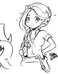  braid greyscale hand_on_hip leah_(stardew_valley) monochrome pupoo_(artist) short_sleeves signature smile solo stardew_valley upper_body 