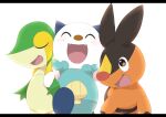  :d ^_^ closed_eyes commentary_request fangs happy highres letterboxed moi_moi_123 no_humans open_mouth oshawott pokemon pokemon_(creature) simple_background smile snivy starter_pokemon_trio tepig white_background 