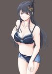  bare_arms bare_shoulders black_hair blue_bra blue_panties blush bra breasts brown_background collarbone cowboy_shot fusou_(kantai_collection) hair_ornament hand_on_own_chest headgear highres kantai_collection long_hair looking_at_viewer medium_breasts panties simple_background solo thighs underwear underwear_only vent_arbre very_long_hair 