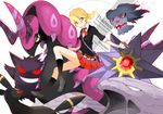  blonde_hair gen_1_pokemon gen_2_pokemon gen_5_pokemon gengar hair_between_eyes lass_(pokemon) long_hair misdreavus muk npc_trainer open_mouth poke_ball pokemon pokemon_(creature) pokemon_(game) pokemon_xy red_eyes scolipede skirt starmie tokiti umbreon yellow_eyes 