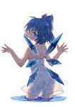  back backlighting blue_eyes blue_hair cirno dress from_behind grin hair_ribbon ice ice_wings looking_at_viewer looking_back mister_rhino_(wangzisama1001) ribbon see-through_silhouette short_hair simple_background sleeveless smile solo touhou wading water white_background wings 