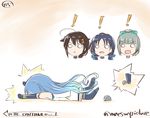  4girls :&lt; bangs black_hair blue_hair closed_mouth commentary_request elbow_gloves english faceplant gloves gradient_hair grey_hair hair_ornament hairclip kantai_collection long_hair mae_(maesanpicture) multicolored_hair multiple_girls numbered o_o on_ground open_mouth rectangular_mouth remodel_(kantai_collection) rock samidare_(kantai_collection) shigure_(kantai_collection) suzukaze_(kantai_collection) to_be_continued tripping twitter_username v-shaped_eyebrows yuubari_(kantai_collection) 