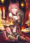  :q a-er_(akkij0358) animal_ears bare_shoulders cake candle candlestand cat_ears claws food highres holding long_hair midriff original pink_hair sitting solo stomach sweets thighhighs tongue tongue_out very_long_hair wariza 