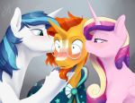  2018 bisexual blush cape clothing double_kiss equine eyewear facial_hair female friendship_is_magic glasses group horn kissing male mammal my_little_pony princess_cadance_(mlp) shining_armor_(mlp) silfoe story story_in_description sunburst_(mlp) unicorn winged_unicorn wings 