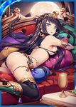  :o akkijin ass bikini black_hair boots breast_press breasts cleopatra_(valkyrie_crusade) couch crown cup egyptian from_side full_moon green_eyes hair_ornament long_hair looking_back lying medium_breasts moon non-web_source official_art on_stomach pillow pillow_hug shinkai_no_valkyrie sideboob solo swimsuit table tan tanline thighhighs tiara uraeus 