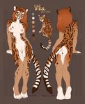  2016 absurd_res anthro blue_eyes brown_background brown_fur brown_hair butt claws english_text f-r95 feline female feral fur hair hi_res long_hair mammal model_sheet navel nude pink_nose pink_pawpads pussy rear_view simple_background solo spots stripes text toe_claws vika 