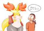  breasts brown_hair delphox dialogue duo english_text female hair human immortalstar inner_ear_fluff male mammal nintendo nipples open_mouth pok&eacute;mon pok&eacute;morph pussy red_eyes speech_bubble text video_games wide_hips 