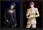  2boys alternate_hair_color black_hair blue_eyes bob_cut bruno_buccellati character_name giorno_giovanna gloves gloves_removed hand_in_pocket hand_on_own_chin highres holding jojo_no_kimyou_na_bouken male_focus multiple_boys purple_eyes purple_hair single_glove wallet white_gloves zipper 