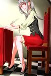  anna_(sennen_sensou_aigis) black_footwear chair checkered checkered_floor from_side full_body high_heels holding imazui_(sasachi) long_hair long_sleeves looking_at_viewer looking_to_the_side no_socks pencil_skirt quill red_eyes red_skirt sennen_sensou_aigis shoes sidelocks silver_hair sitting skirt smile solo wristband writing 