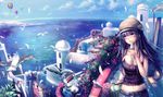  5boys aircraft aqua_eyes bad_id bad_pixiv_id bare_arms belt bird black_hair blue_sky breasts bush chair cleavage cloud collarbone day expressionless feathers flower hat highres horizon hot_air_balloon ice_cream_cone large_breasts lips long_hair looking_to_the_side maru_daizu_(aqua6233) midriff multiple_boys multiple_girls ocean original price_tag rolling_suitcase seagull seaside ship sky solo_focus table tank_top watercraft 