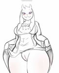  2016 anthro big_breasts blush boss_monster breasts caprine clitoris clothed clothing clothing_lift doomthewolf female flashing fur goat horn long_ears looking_at_viewer mammal no_underwear purple_eyes pussy restricted_palette robe robe_lift simple_background sketch smile solo text thick_thighs toriel undertale video_games white_background white_fur wide_hips 