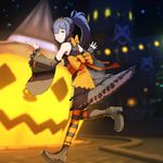  alternate_costume back blue_hair boots bow fire_emblem fire_emblem_if hairband kozaki_yuusuke long_hair oboro_(fire_emblem_if) official_art pantyhose ponytail pumpkin red_eyes solo striped striped_legwear 