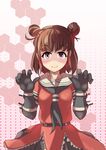  alternate_hairstyle brown_hair cosplay double_bun gloves groping_motion highres idolmaster idolmaster_cinderella_girls kantai_collection look-alike looking_at_viewer mockmock munakata_atsumi naka_(kantai_collection) naka_(kantai_collection)_(cosplay) red_eyes school_uniform serafuku shaded_face short_hair skirt smile solo 