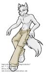  2006 barefoot canine cherushi clothed clothing fur grey_fur grey_hair hair male mammal navel simple_background solo topless white_background wolf 
