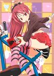  bicycle blush food fork ground_vehicle long_hair mahou_shoujo_madoka_magica mouth_hold pleated_skirt pocky ponytail red_eyes red_hair red_skirt sakura_kyouko skirt solo spoon striped striped_legwear tooo88 
