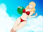  1girl 4st_injection anna_christine aqua_eyes ball bare_arms bare_legs bare_shoulders bikini blonde_hair blue_eyes breasts character_request cleavage collarbone highres holding large_breasts legs long_hair looking_away majin_bone mound_of_venus nail_polish navel outdoors pink_nails red_bikini sky smile solo standing thighs 