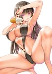  arm_up armpits bangs barefoot black_hair black_swimsuit blunt_bangs breasts cleavage dead_or_alive dead_or_alive_5 food hime_cut ice_cream ice_cream_cone large_breasts lips long_hair looking_at_viewer mole mole_under_mouth navel nyotengu o-ring o-ring_swimsuit purple_eyes saburou_(hgmg) sideboob simple_background smile solo squatting swimsuit thighs tongue tongue_out white_background 