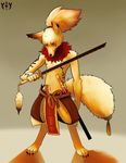  anthro barefoot bodypaint canine clothed clothing digitigrade fluffy_tail fox front_view furfit holding_object holding_weapon japanese_clothing katana looking_at_viewer male mammal melee_weapon neck_tuft nipples signature sword topless tuft voltaire weapon 
