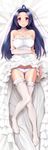  absurdres ahoge ass_visible_through_thighs bad_id bad_yandere_id bed_sheet blue_hair breasts bridal_veil cameltoe choker covered_nipples dakimakura dress dress_lift elbow_gloves full_body garters gloves highres huge_filesize idolmaster idolmaster_(classic) large_breasts long_hair lying miura_azusa no_shoes on_back panties red_eyes scan smile solo thighhighs underwear veil wedding_dress white_legwear white_panties yuki_usagi_(mofurafu) 