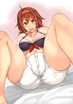  ahoge bare_shoulders bikini_top blush breasts brown_hair gggg hair_between_eyes hair_ornament hairband highres kantai_collection large_breasts low_twintails navel open_mouth orange_eyes red_hairband shiratsuyu_(kantai_collection) short_hair short_shorts short_twintails shorts solo spread_legs tan teeth twintails white_shorts 