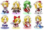  aka_tawashi alice_margatroid apron ascot blonde_hair blue_dress capelet chibi dress elly frills full_body gengetsu green_eyes green_hair highres kana_anaberal kazami_yuuka kazami_yuuka_(pc-98) kurumi_(touhou) long_hair looking_at_viewer maid_headdress mugetsu multiple_girls red_dress short_hair simple_background sitting touhou touhou_(pc-98) very_long_hair waist_apron wariza wavy_hair white_background yellow_eyes yumeko 