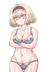  alice_margatroid blonde_hair blue_eyes blush bra breast_hold breasts collarbone commentary crossed_arms curvy expressionless groin hairband hbkhk2007 highres hips lace lace-trimmed_bra lace-trimmed_panties light_frown lolita_hairband lowleg lowleg_panties medium_breasts navel panties short_hair sketch solo toned touhou tsurime underwear 
