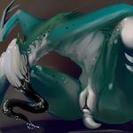  2016 antar_dragon anthro black_tongue blue_fur brown_background drooling eyeless fur green_fur long_tongue monster nude pussy saliva simple_background solo spots spread_legs spreading tongue white_fur 