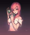  bare_shoulders blood blood_on_face blush creepy_eyes eyeball gradient gradient_background holding hood hoodie horror_(theme) jar long_hair looking_at_viewer newey no_bra off_shoulder open_mouth original pink_eyes pink_hair signature simple_background solo yandere 