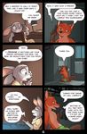  2016 anthro bed buckteeth canine cellphone clothing comic detailed_background dialogue digital_media_(artwork) disney duo english_text female fox fur green_eyes grey_fur inside judy_hopps lagomorph long_ears male mammal nick_wilde night orange_fur phone purple_eyes rabbit raining red_fur rick_griffin sleepy teeth text white_fur zootopia 