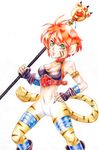  animal_ears breasts breath_of_fire breath_of_fire_ii bustier cat_ears cat_tail claws cleavage facial_mark full_body furry gloves green_eyes no_panties no_pants orange_hair pointy_ears red_hair rinpoo_chuan short_hair solo staff striped tail white_background 