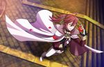  ahoge alternate_costume blush camellia cape fire_emblem fire_emblem_if flower gloves kozaki_yuusuke long_hair male_focus object_namesake official_art ponytail red_eyes red_hair solo tsubaki_(fire_emblem_if) 