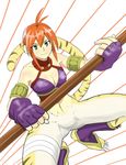  animal_ears blush breasts breath_of_fire breath_of_fire_ii bustier cat_ears cat_tail claws cleavage facial_mark full_body furry gloves green_eyes hakuyou-choun highres large_breasts no_panties no_pants orange_hair pointy_ears red_hair rinpoo_chuan sharp_toenails short_hair solo staff striped tail toenails 