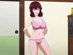  1girl 4st_injection arms_behind_back bare_arms bare_legs bare_shoulders bra breasts brown_hair character_request cleavage glasses highres indoors large_breasts looking_at_viewer majin_bone midriff mound_of_venus navel open_mouth panties pink_bra pink_panties red_eyes ryuujin_chie short_hair smile solo standing underwear 