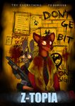  2016 anthro axe blood canine clothed clothing disney duo english_text eyes_wide female fingerless_gloves fox gloves gun hladilnik judy_hopps lagomorph looking_away male mammal melee_weapon necktie nick_wilde parody police police_uniform poster rabbit ranged_weapon scared shirt shotgun text uniform utility_belt weapon zombie_apocalypse zootopia 