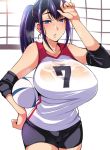  1girl bare_shoulders blue_eyes breasts hand_on_hip large_breasts long_hair looking_at_viewer megane_man mole mole_under_eye parted_lips ponytail purple_hair see-through shin_guards solo sportswear sweat volleyball volleyball_net volleyball_uniform 