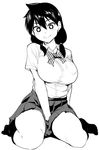  amano_megumi amano_megumi_wa_suki_darake! breasts greyscale kneehighs large_breasts long_hair looking_at_viewer monochrome pleated_skirt school_uniform simple_background sitting skirt smile solo tomohiro_kai wariza white_background 