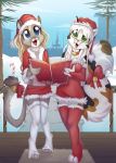  2018 anthro bell bell_collar blonde_hair blue_eyes book breasts calico_cat cat christmas claws clothed clothing collar cougar dress duo feline female fluffy fluffy_tail fur green_eyes hair hat holding_object holidays legwear long_hair looking_at_viewer mammal midriff multicolored_fur ribbons santa_hat selene_blackcat sicmop singing skirt tail_bell tail_bow tail_ribbon thigh_highs toe_claws two_tone_fur white_hair young 