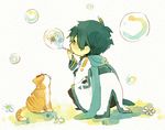  :&lt; animal back bad_id bad_pixiv_id bangs black_eyes blue_hair blue_scarf bubble bubble_blowing cat chibi coat drinking_straw flower holding kaito long_sleeves male_focus mouth_hold pants profile scarf solo sorasuke_(akane) squatting traditional_media vocaloid watercolor_(medium) white_flower 