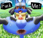  anthro anus backsack balls blush butt canine cloud erection fangs front_view gaping gaping_anus grass hand_on_thighs horny inviting jackal looking_at_viewer lucario lying male mammal naughty_face neck_tuft nintendo on_back open_mouth outside penis perineum pok&eacute;mon precum presenting presenting_anus seductive smile solo spread_legs spreading sweat tapering_penis teeth text thick_thighs tongue tongue_out tuft video_games wycicus 