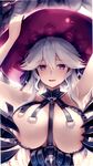  arms_up breasts close-up granblue_fantasy hair_between_eyes hat highres large_breasts long_hair looking_at_viewer magisa_(granblue_fantasy) open_mouth purple_eyes silver_hair solo teeth tongue tranquillianusmajor upper_body witch_hat 